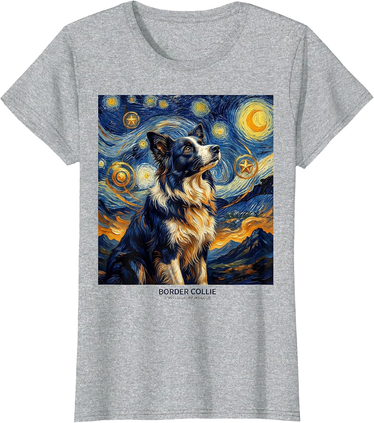 Border Collie — Starry Night by Van Gogh Art Portrait T-Shirt - Heather Grey