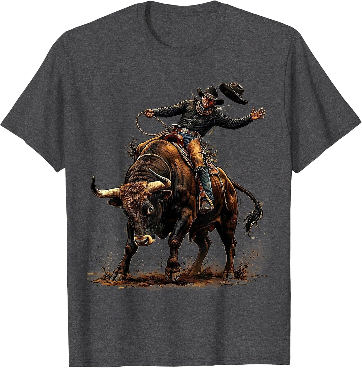 Black Cowboy Bull Riding Graphic Tee T-Shirt - Dark Heather Grey