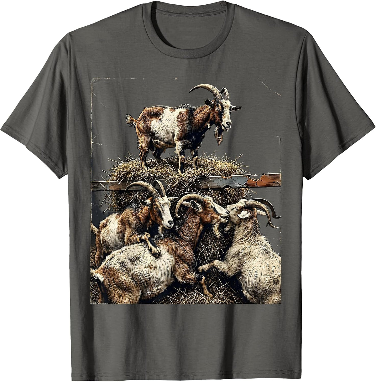 Men's Five Goats Distressed Farm Animal Lover Humor T-Shirt - Asphalt Grey