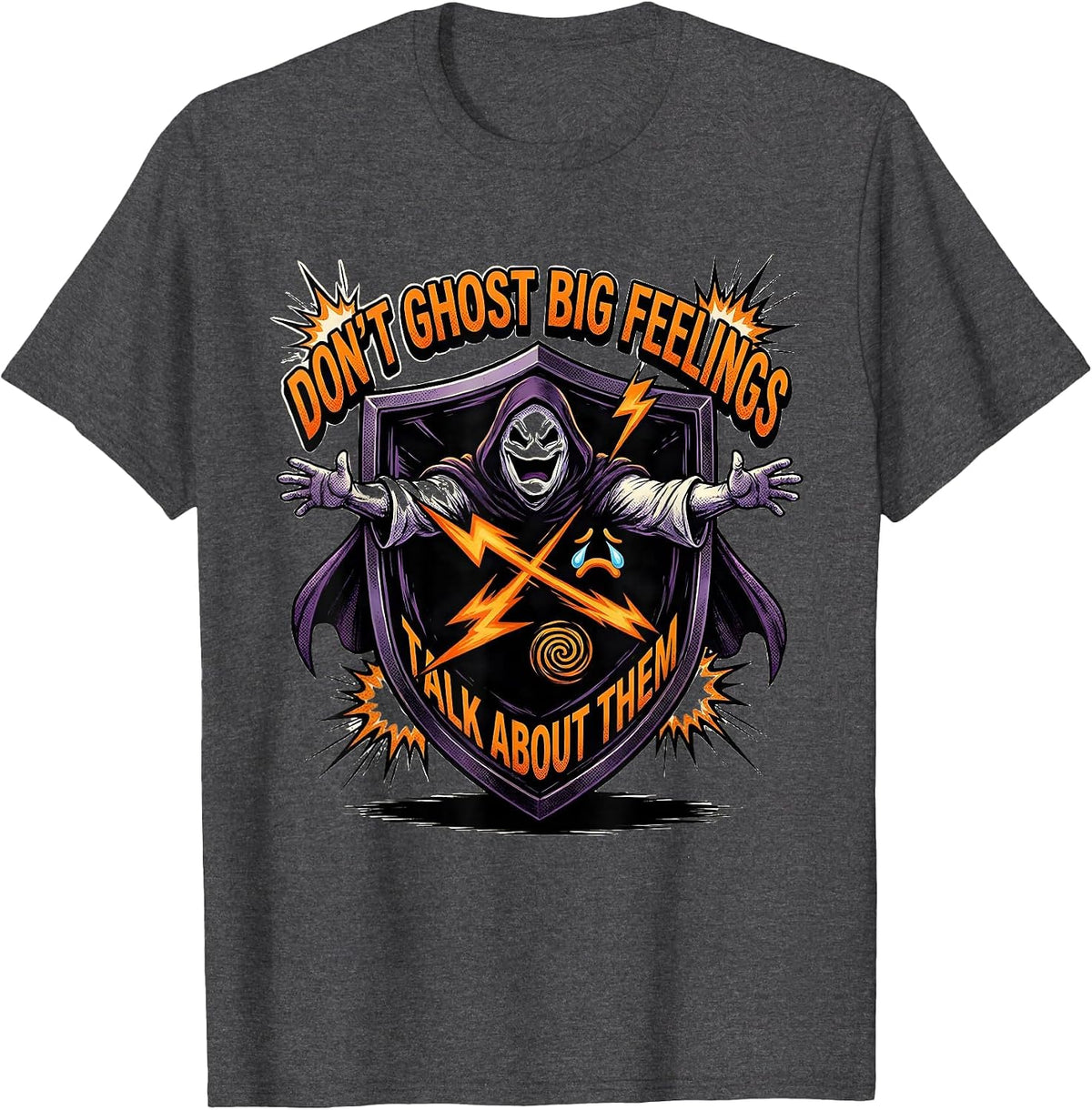 Men's Don't Ghost Big Feelings Talk About Them Comic T-Shirt - Dark Heather Grey