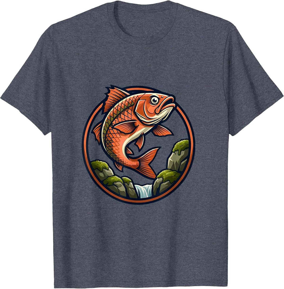 Salmon Jumping Over Mossy Waterfall Rocks T-Shirt - Heather Blue