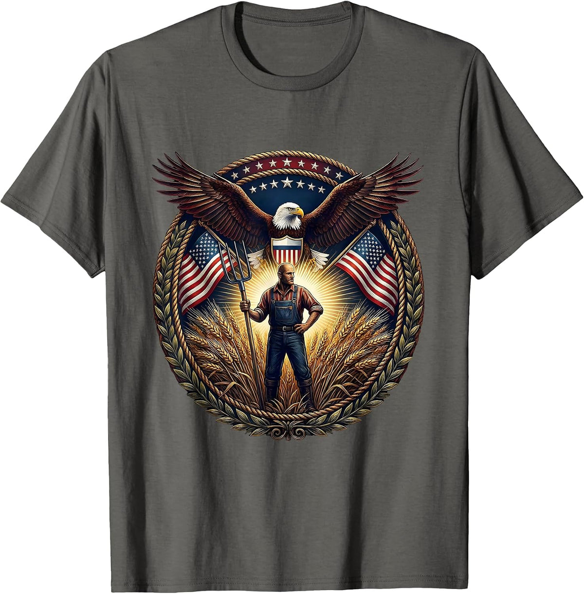 Men's Farmer Pitchfork Wheat Field Harvest Illustration T-Shirt - Asphalt Grey