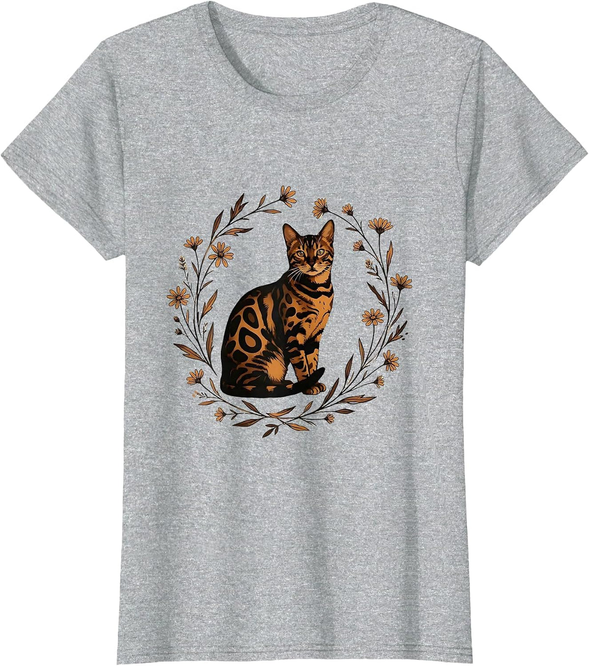 Bengal Cat Wildflower Botanical Illustration T-Shirt - Heather Grey