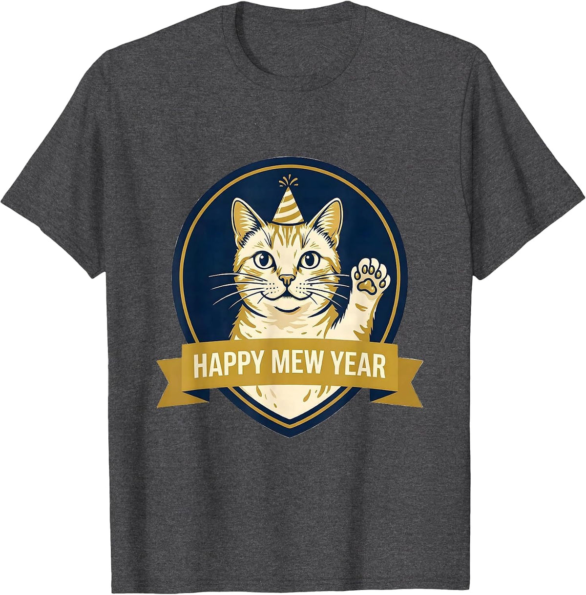 Men's Happy Mew Year Funny Cat Lover Humor New Year Emblem T-Shirt - Dark Heather Grey