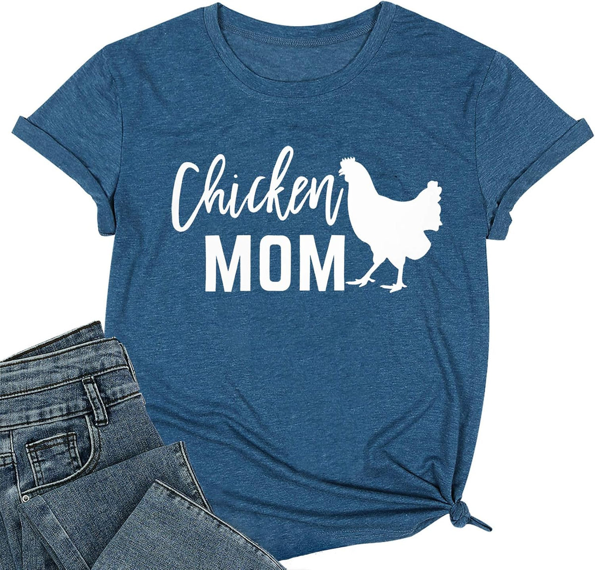 Chicken Mom T-Shirt Women Funny Hen Chiken Farm Humor Graphic Mother Shirt Cute Short Sleeve Tops - Blue