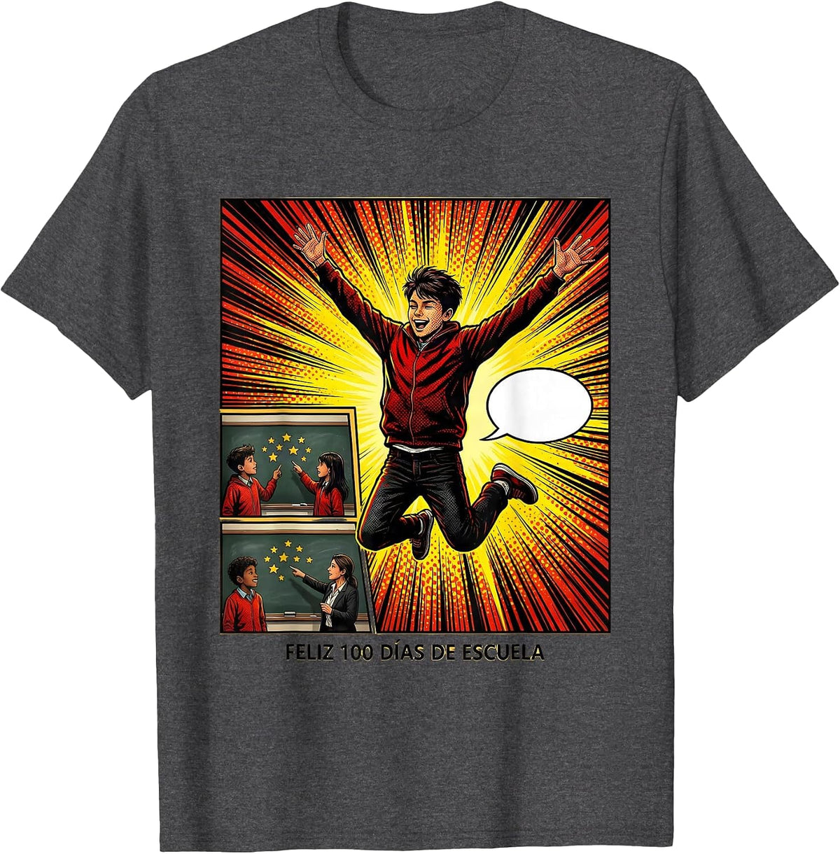 Men's Feliz 100 Días de Escuela Comic Book Spanish Teacher 100th T-Shirt - Dark Heather Grey