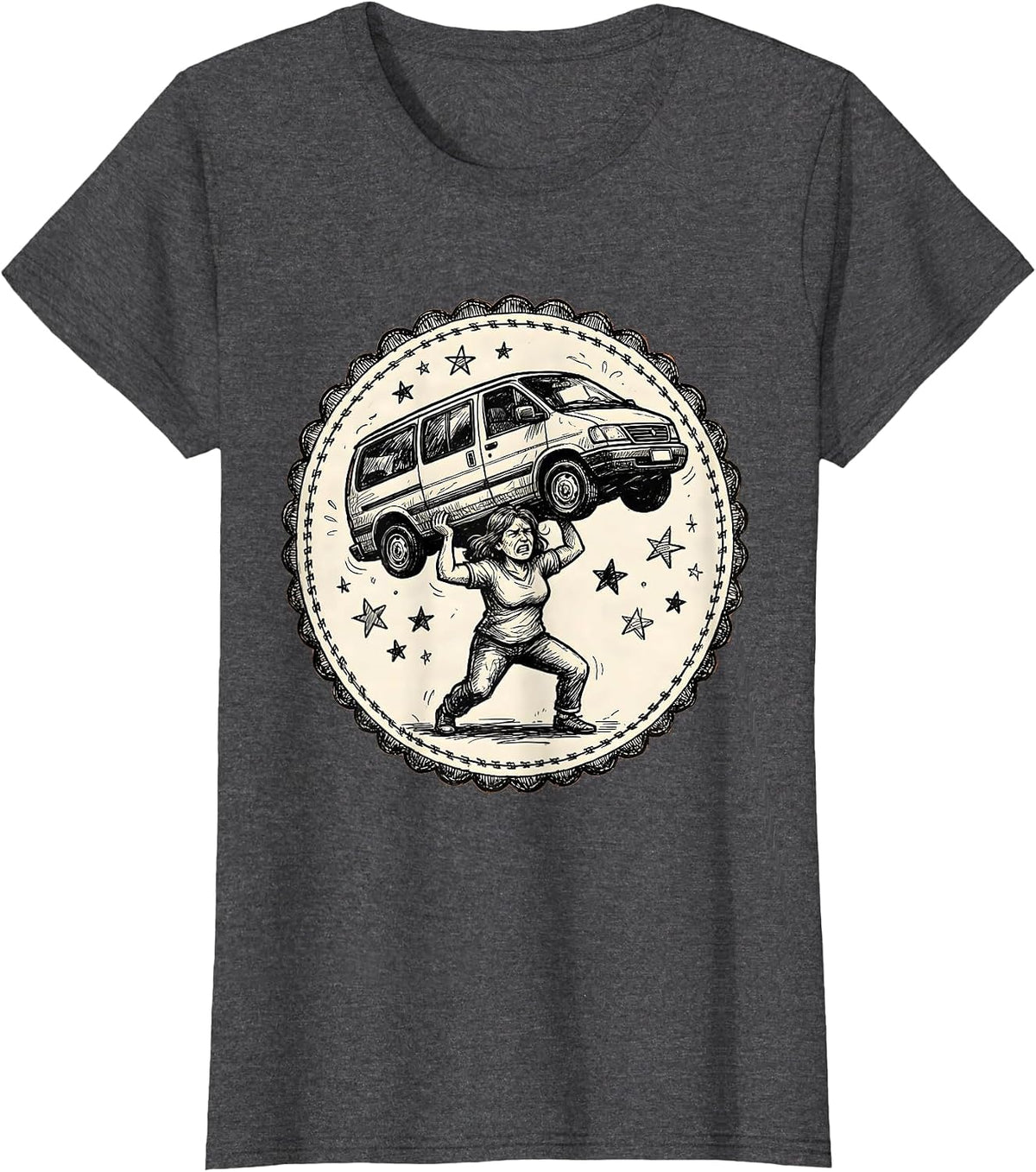 Women's Superhero Mom Lifting Minivan Funny Graphic T-Shirt - Dark Heather Grey
