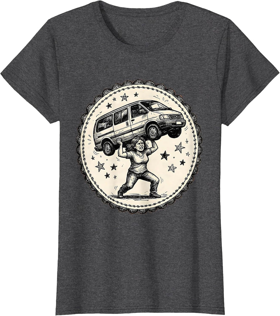 Women's Superhero Mom Lifting Minivan Funny Graphic T-Shirt - Dark Heather Grey