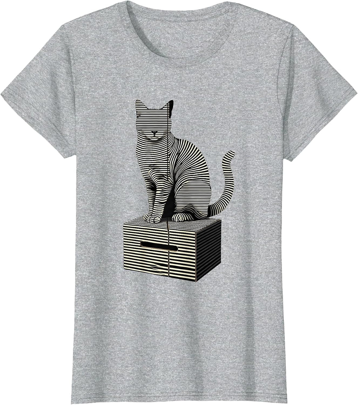 Seated Cat Quantum Physics Stripe Graphic Science Humor T-Shirt - Heather Grey
