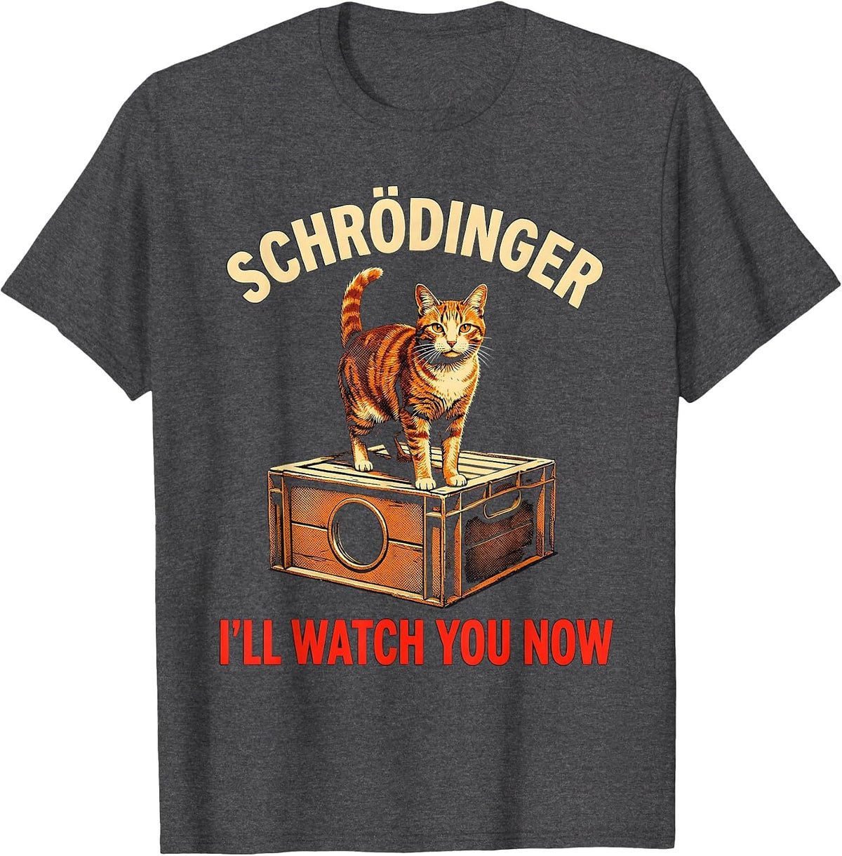 Schrödinger, I’ll Watch You Now Funny Quantum Physics Cat T-Shirt - Dark Heather Grey