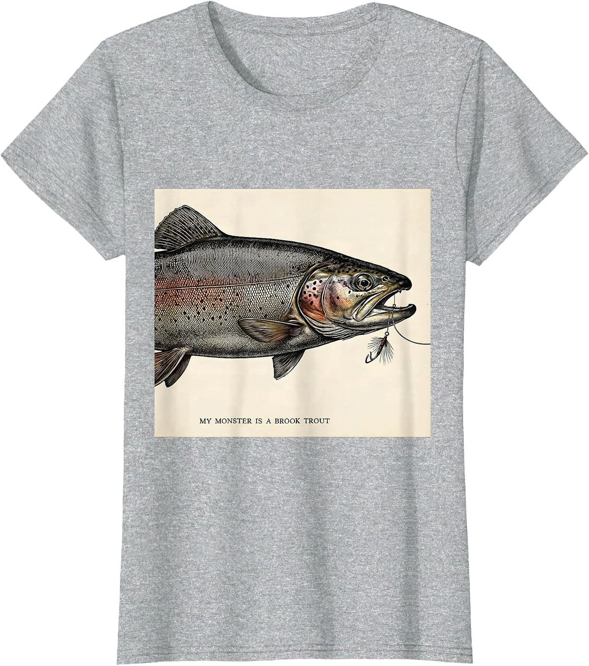 Women's My Monster Is A Brook Trout Spooky Halloween Fishing Humor T-Shirt - Heather Grey