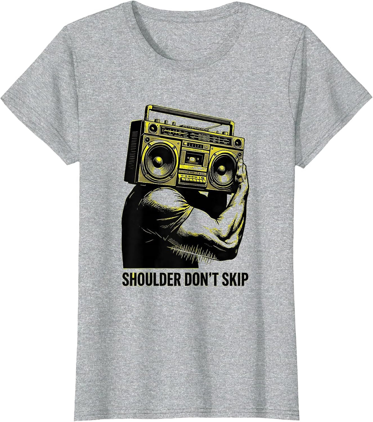Shoulder Don't Skip Stencil Graphic Old School Hip Hop T-Shirt - Heather Grey