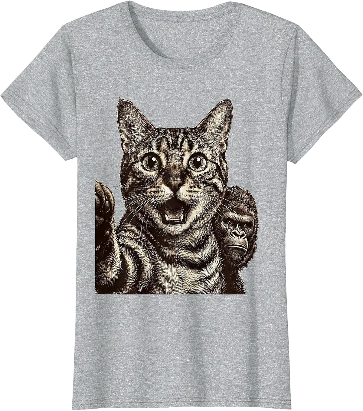 Women's Bengal Cat Bigfoot Crosshatch Etching Funny Meme Humor T-Shirt - Heather Grey