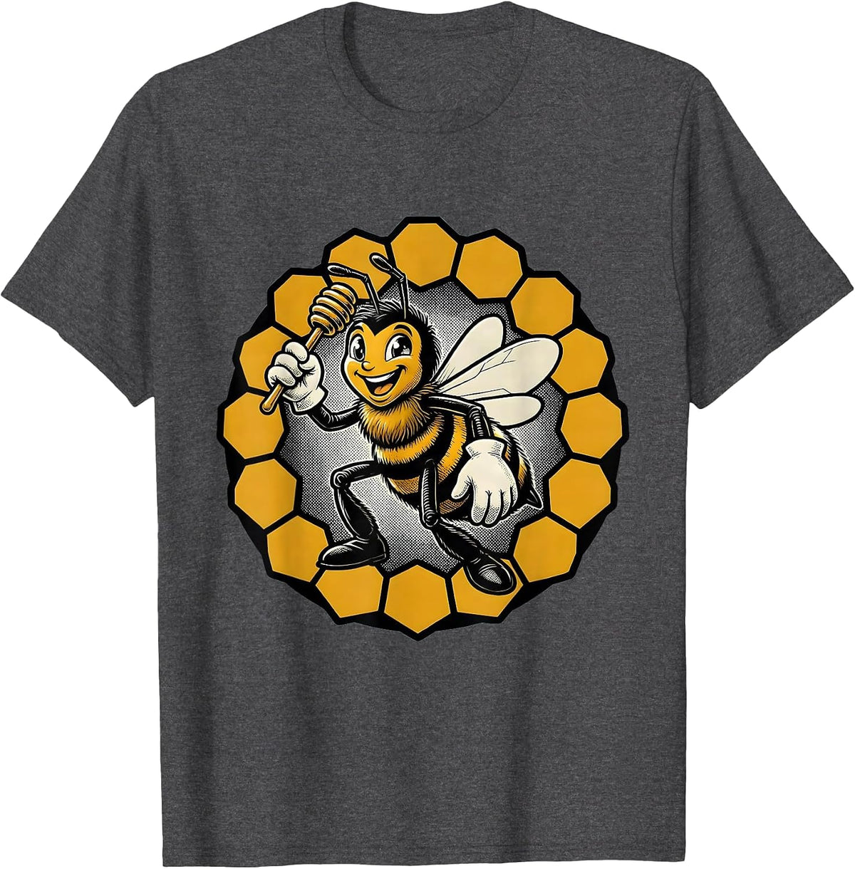 Men's Retro Cartoon Honeybee Character Novelty Humor T-Shirt - Dark Heather Grey