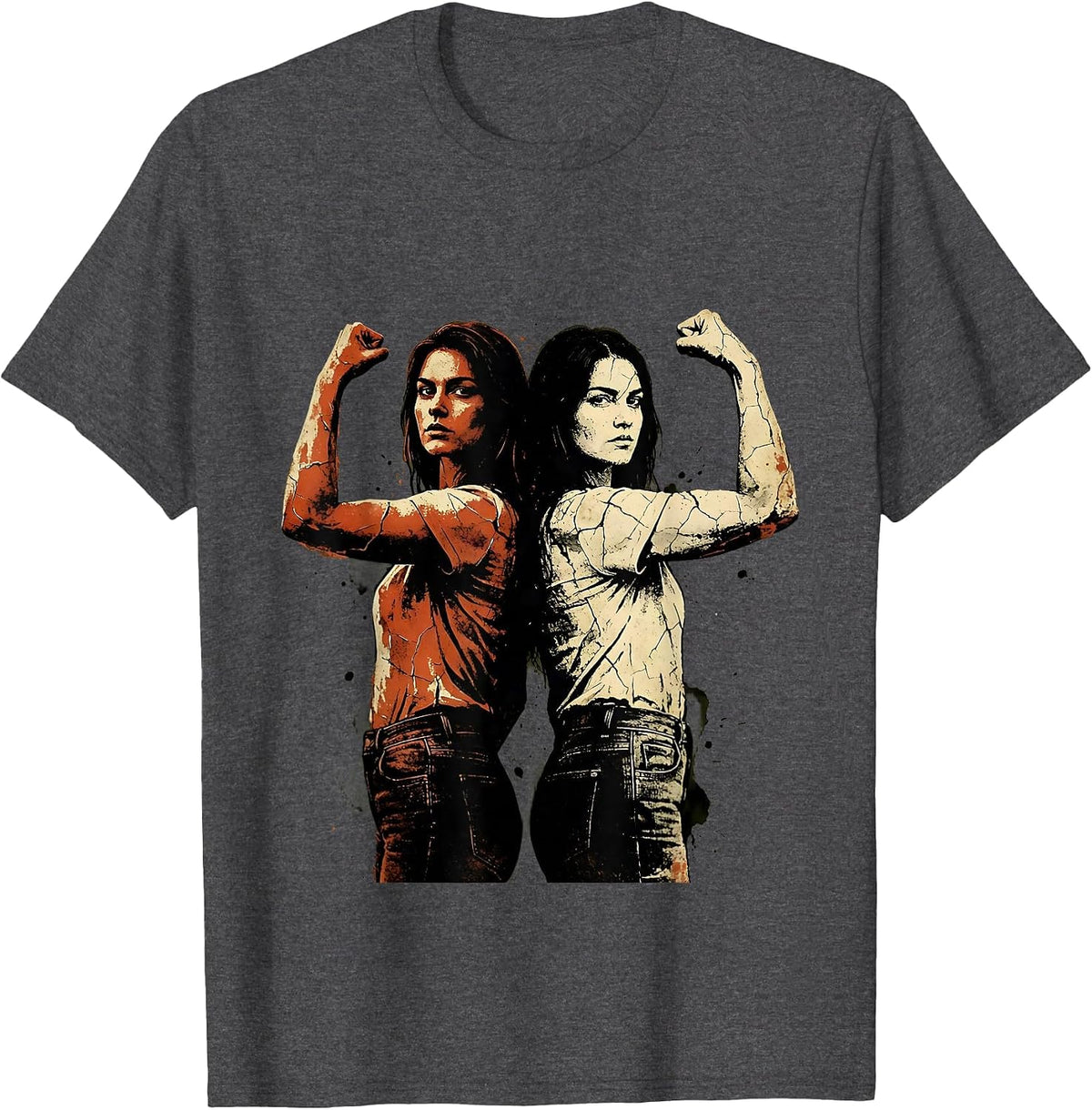 Rosie the Riveter Duo Flexing Arms Graphic T-Shirt - Dark Heather Grey