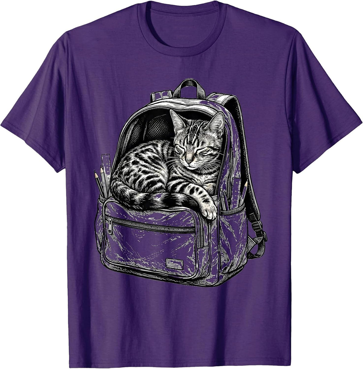Bengal Cat Napping in Backpack Back to School T-Shirt - Purple