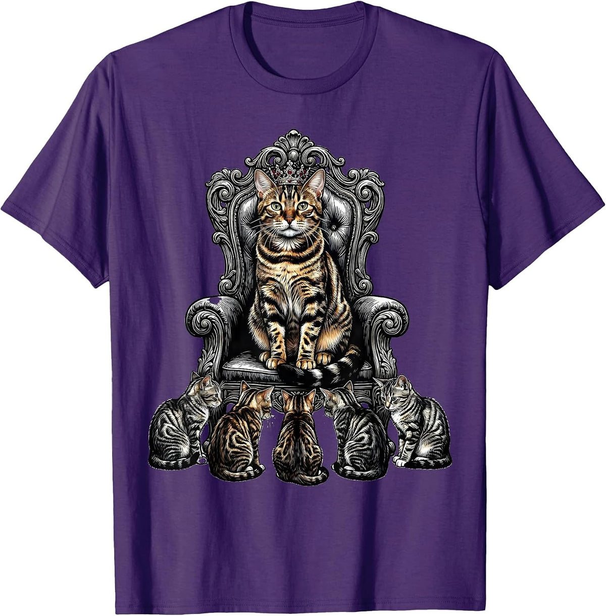 Bengal Cat Royal Crown Loyal Subjects Illustration T-Shirt - Purple