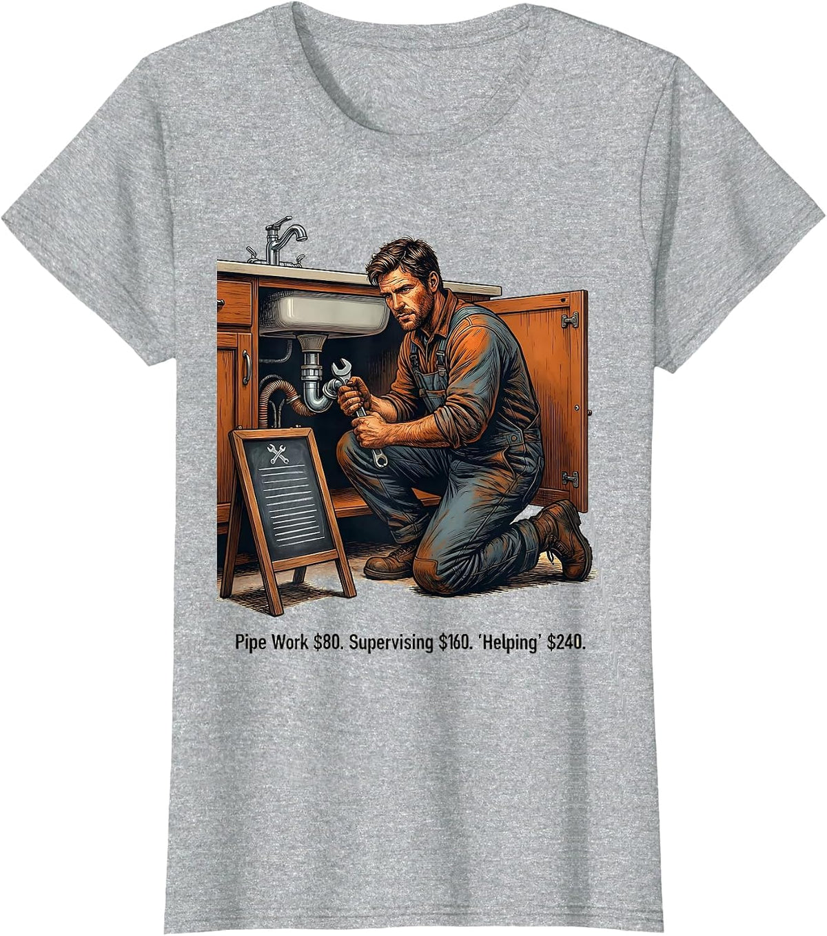 Pipe Work $80. Supervising $160. Helping $240. Funny Plumber T-Shirt - Heather Grey