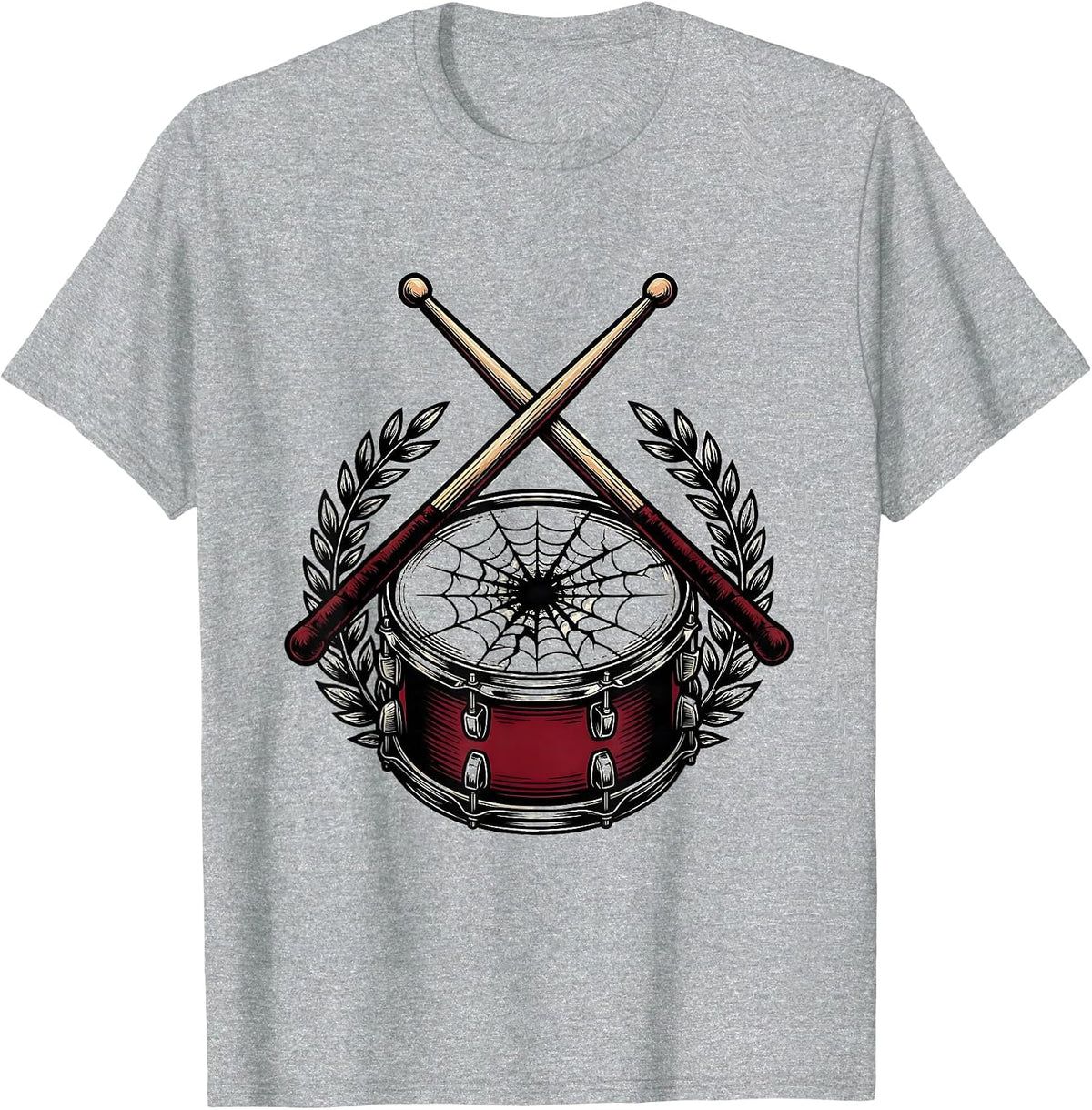 Men's Crossed Drumsticks Cracked Snare Drum Illustration T-Shirt - Heather Grey