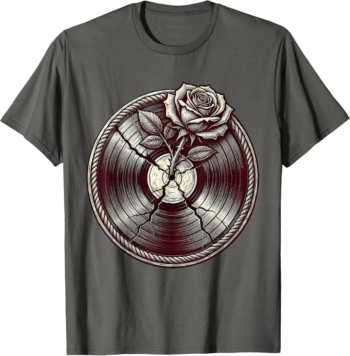 Rose Through Cracked Vinyl Record Rock Art T-Shirt - Asphalt Grey