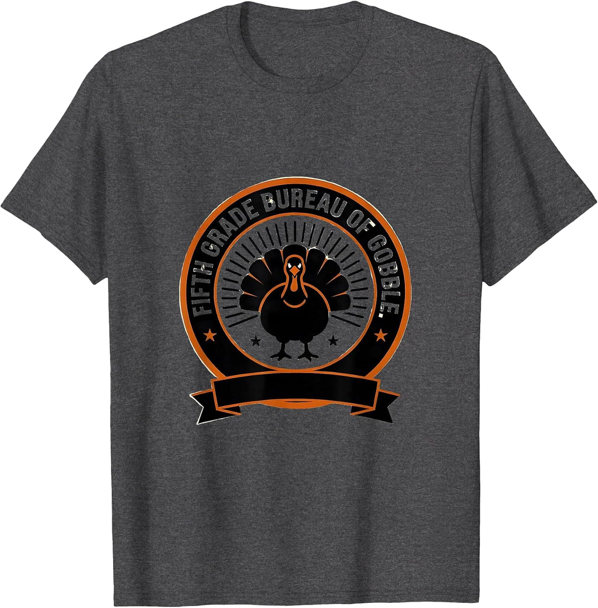 Men's Fifth Grade Bureau of Gobble Teacher Team Thanksgiving Crew T-Shirt - Dark Heather Grey