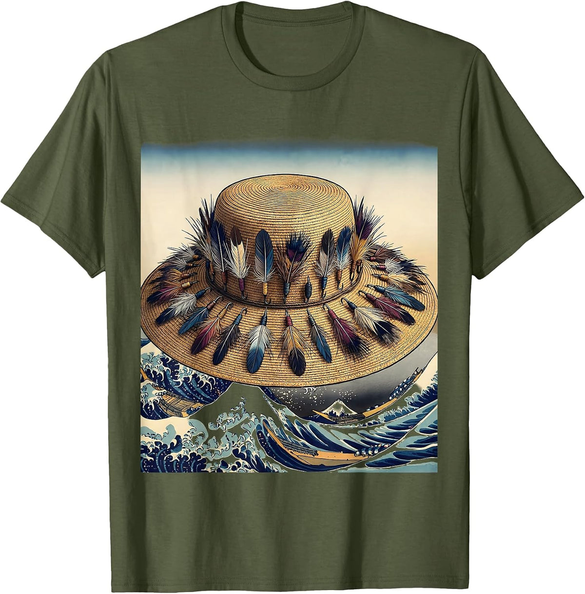 Men's Fly Fishing Hat Lures Illustration T-Shirt - Olive Green