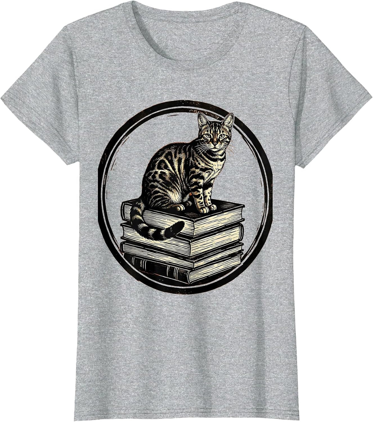 Bengal Cat on Stacked Books Lover Gift T-Shirt - Heather Grey