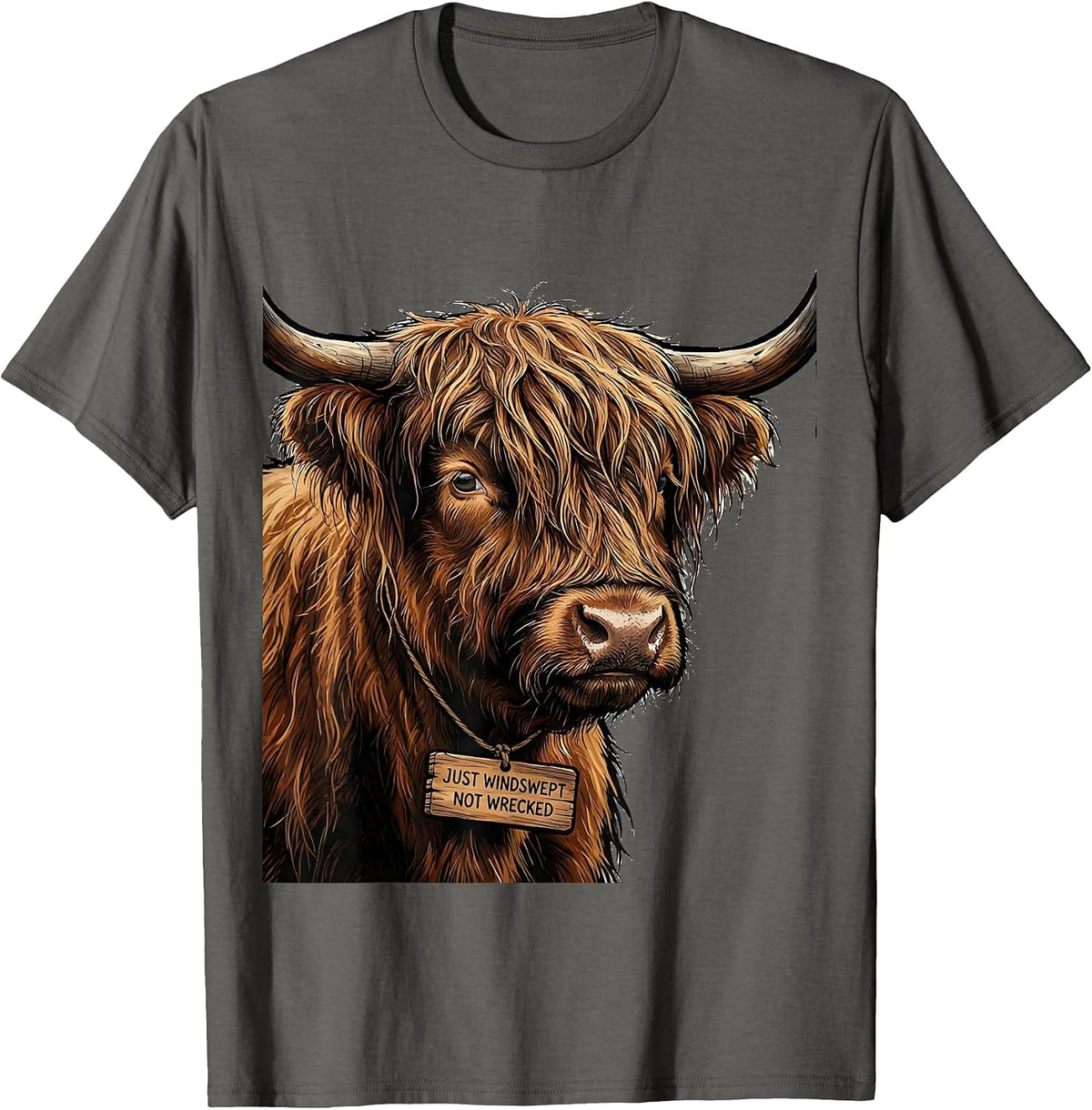 Just Windswept, Not Wrecked Funny Highland Cow Cute Scottish T-Shirt - Asphalt Grey