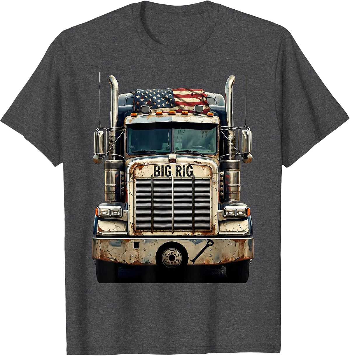 BIG RIG Distressed Semi Truck Driver Patriotic Pride T-Shirt - Dark Heather Grey