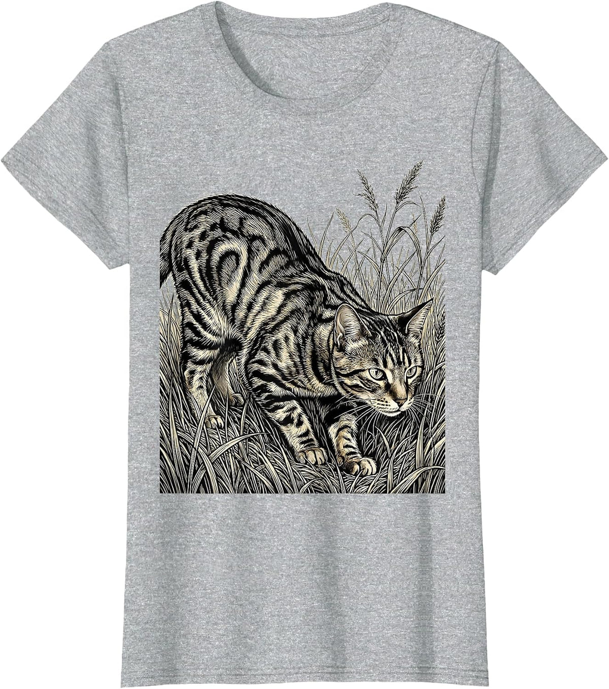 Women's Bengal Cat Stalking Through Tall Grass Illustration T-Shirt - Heather Grey