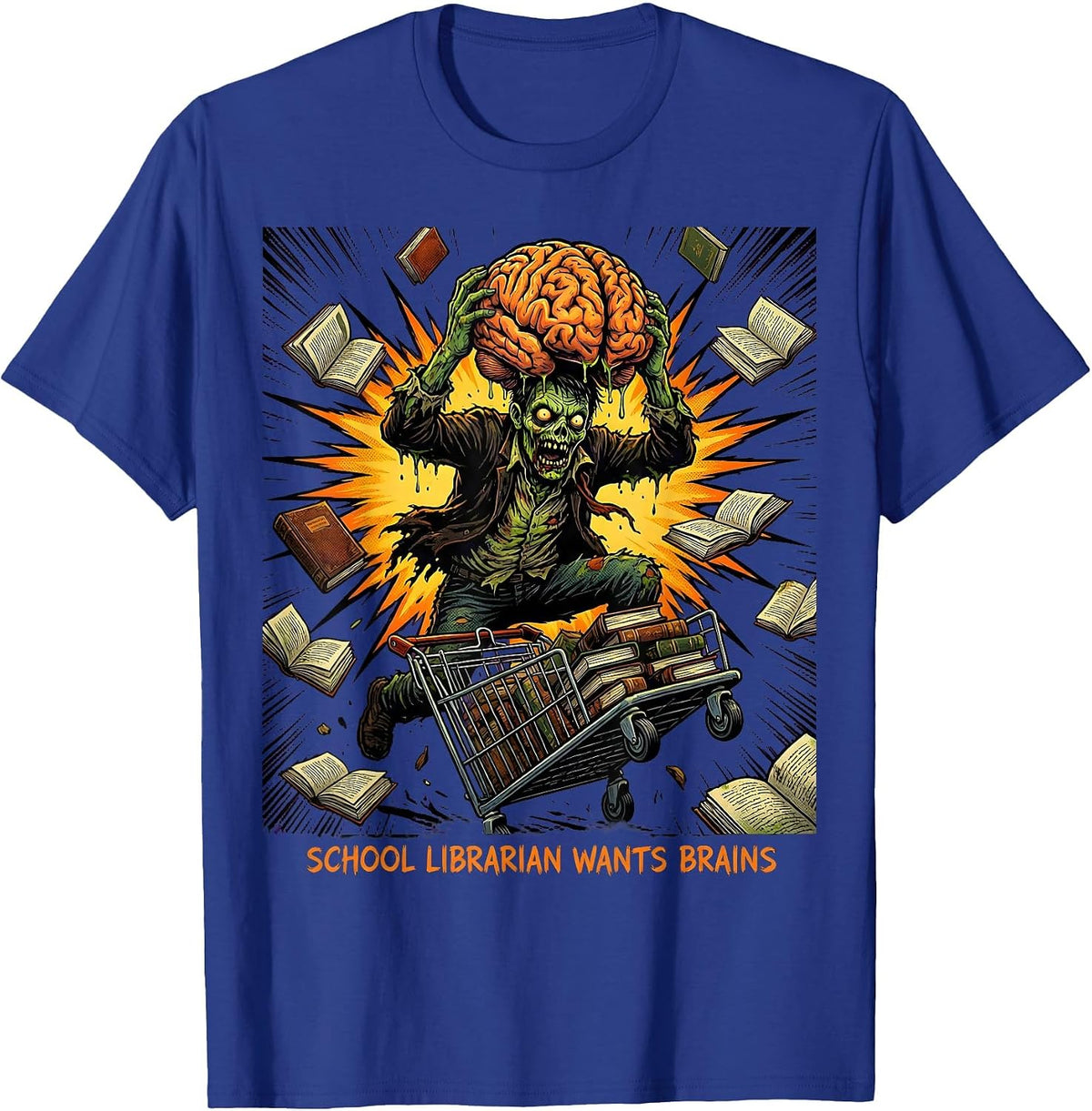 Men's School Librarian Wants Brains Comic Book Zombie Teacher T-Shirt - Royal Blue