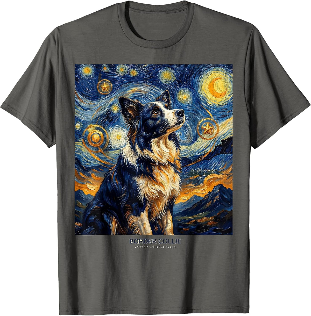 Border Collie — Starry Night by Van Gogh Art Portrait T-Shirt - Asphalt Grey