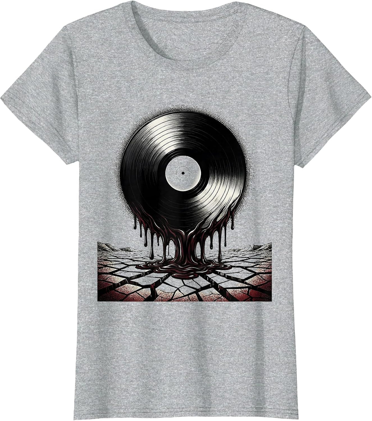 Melting Vinyl Record Cracked Earth Classic Rock Art T-Shirt - Heather Grey