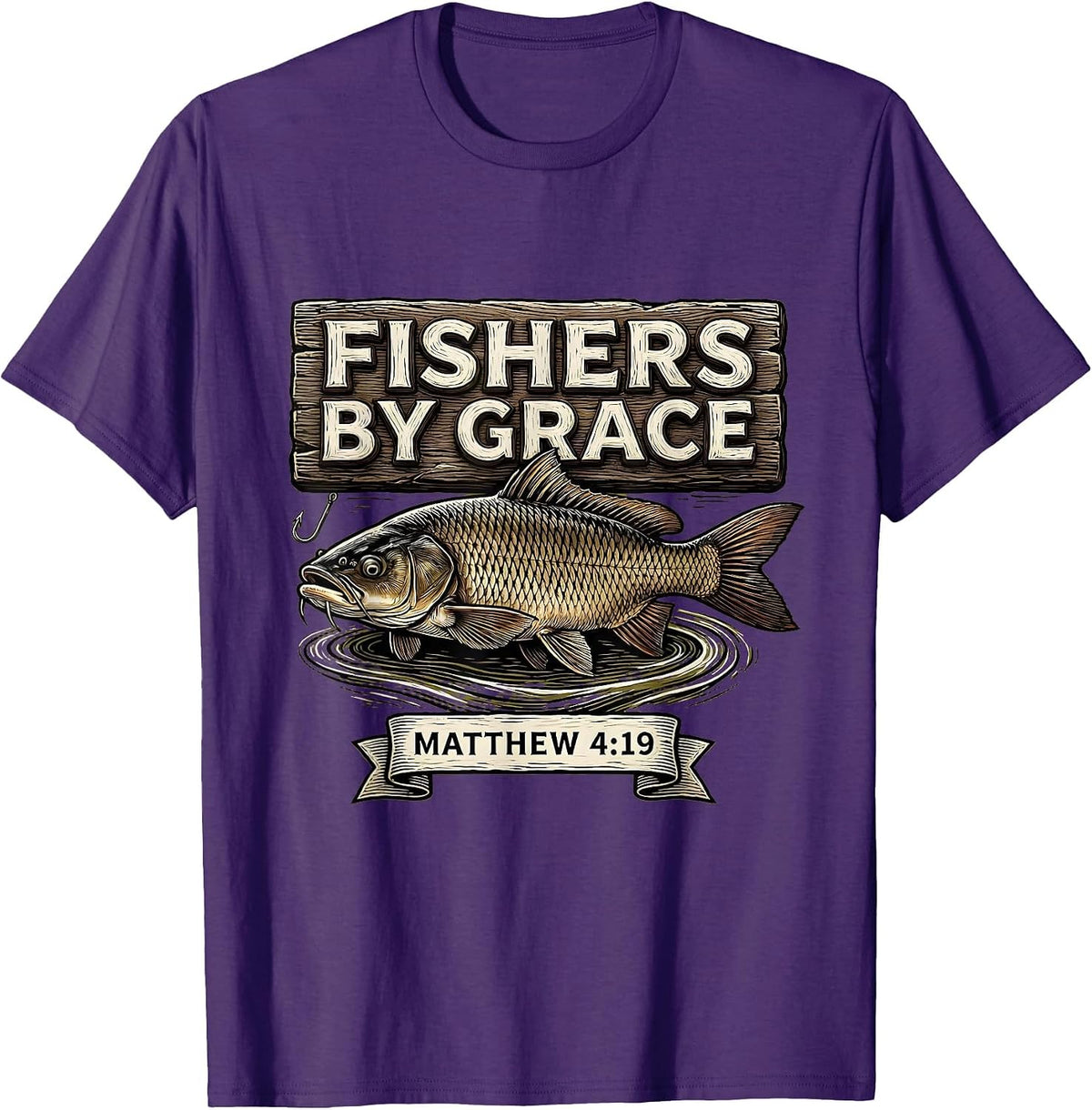Men's Fishers By Grace Matthew 4:19 Christian Fishing Father T-Shirt - Purple