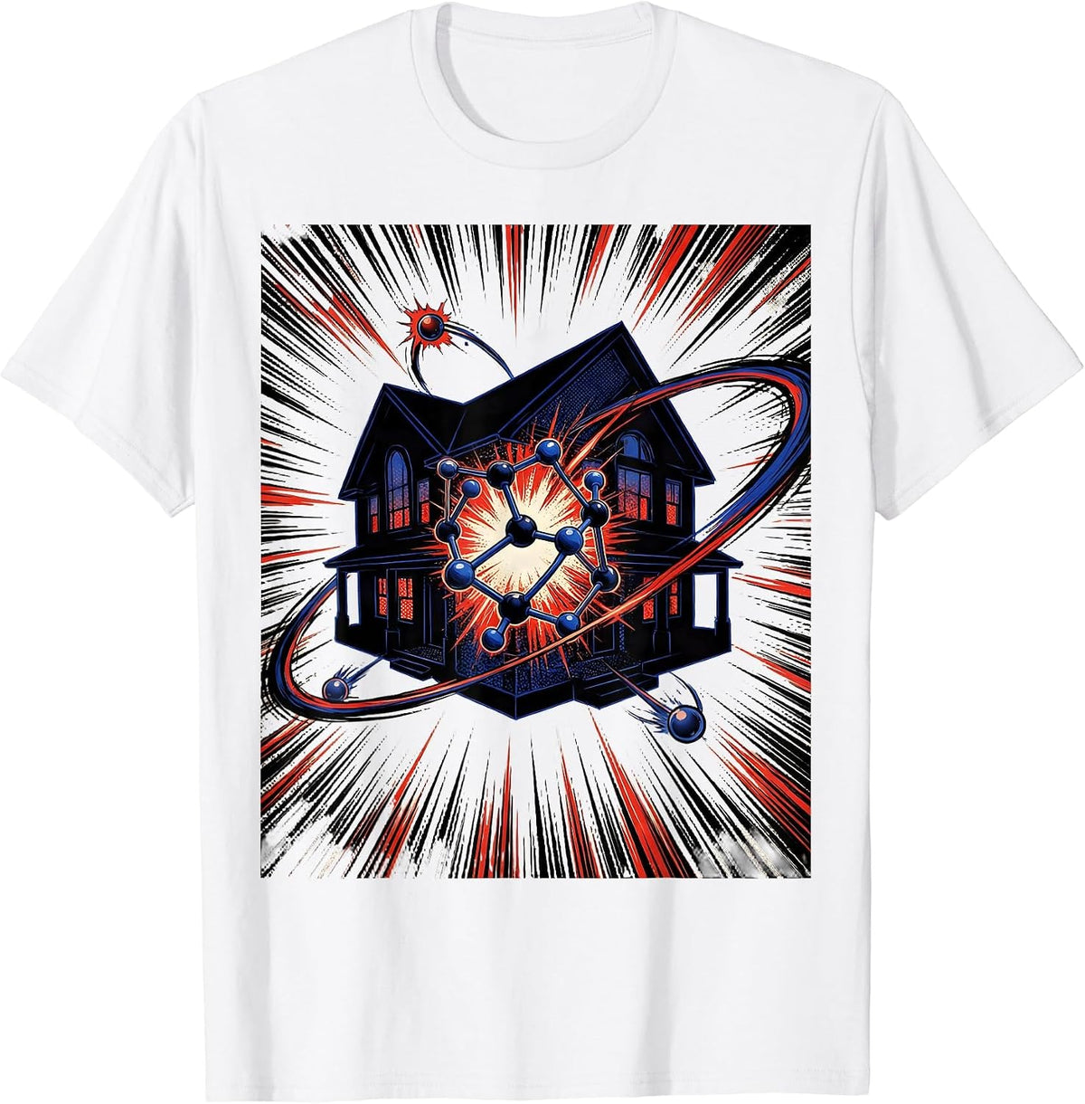 Men's Comic Chemistry Molecule Bonded House Science Humor T-Shirt - White