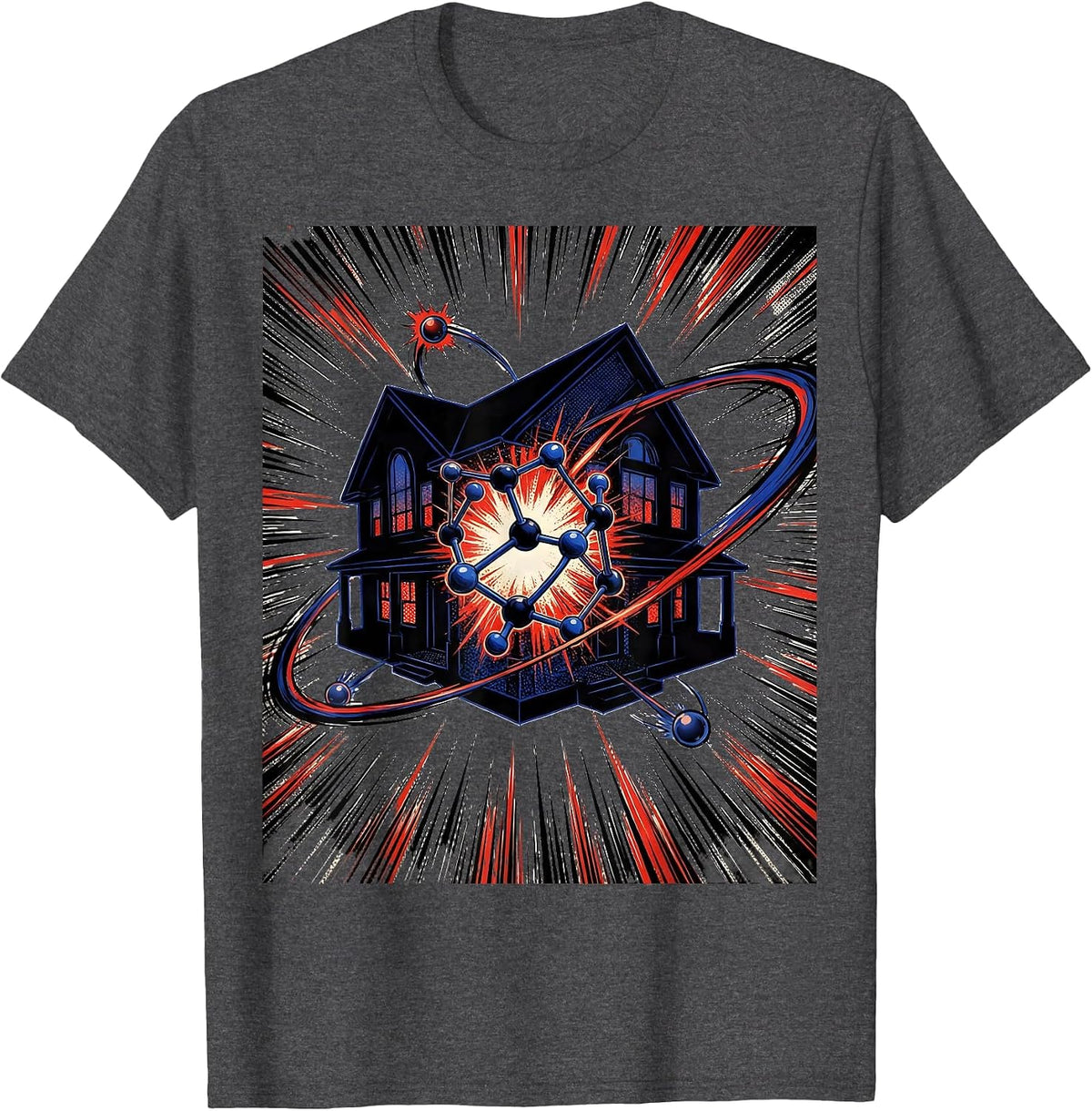Men's Comic Chemistry Molecule Bonded House Science Humor T-Shirt - Dark Heather Grey
