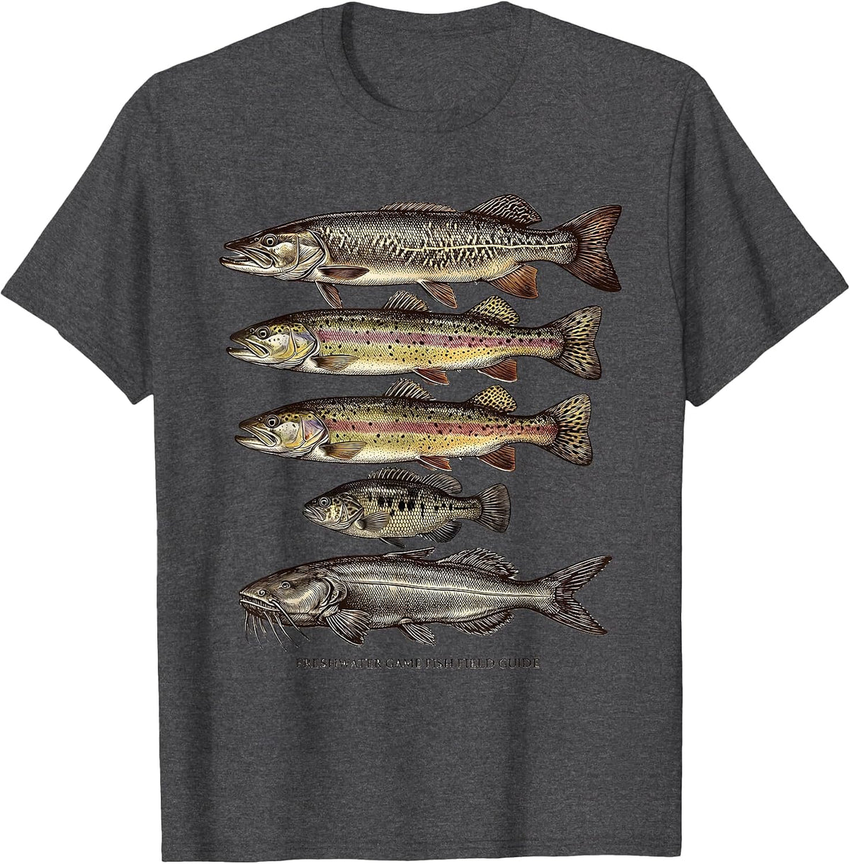 Men's Freshwater Game Fish Field Guide Crosshatch Etching Fishing T-Shirt - Dark Heather Grey