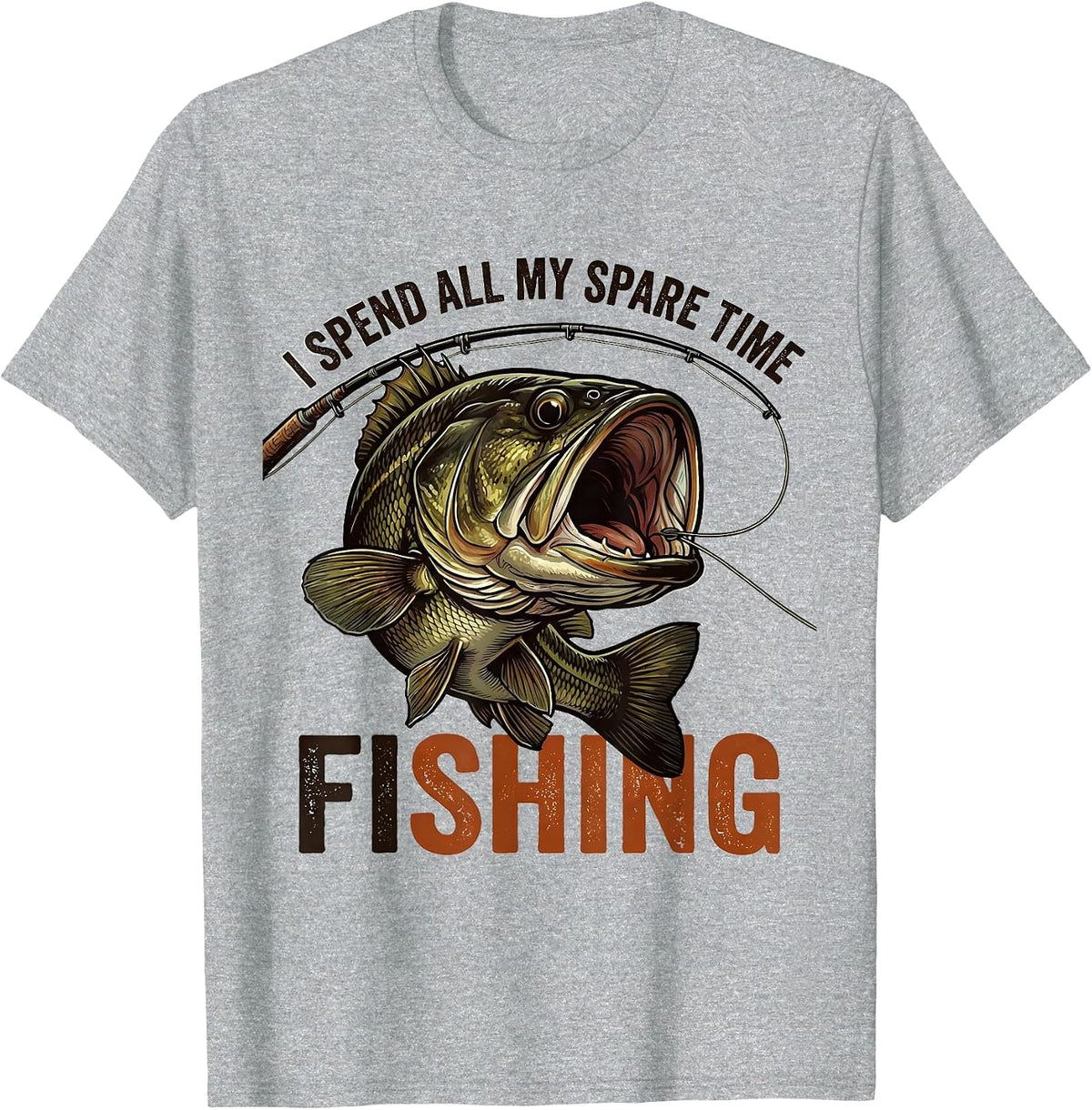 Men's I Spend All My Spare Time Fishing Funny Distressed Bass T-Shirt - Heather Grey