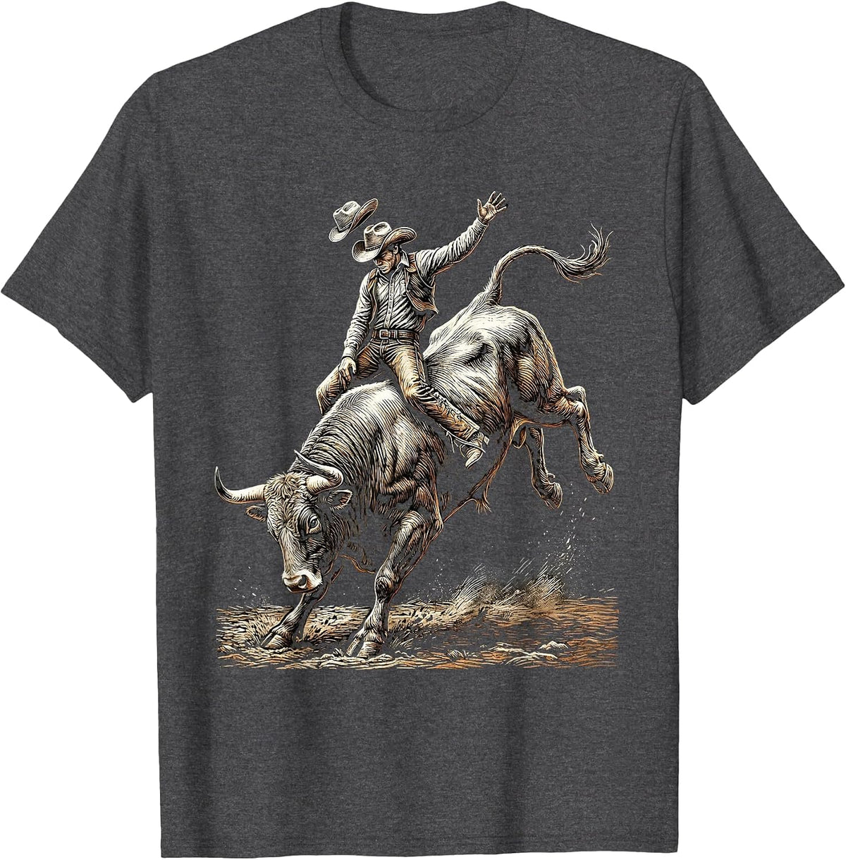 Rodeo Cowboy Bull Riding Graphic Tee T-Shirt - Dark Heather Grey