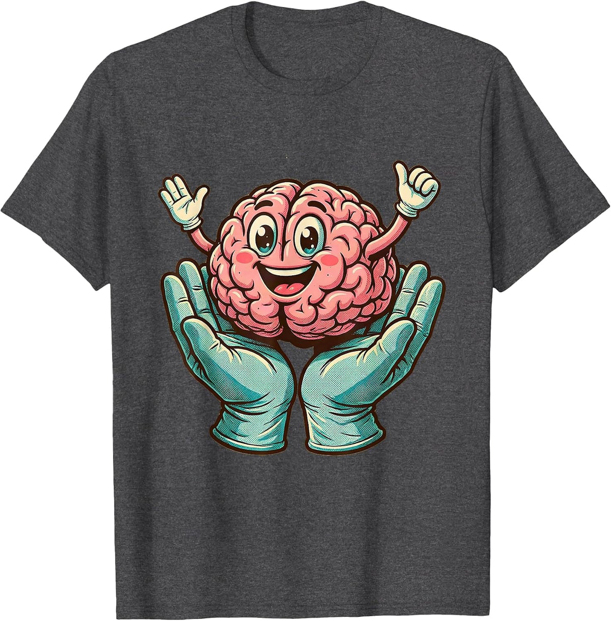 Men's Smiling Brain Surgeon Hands Dark Humor Graphic T-Shirt - Dark Heather Grey