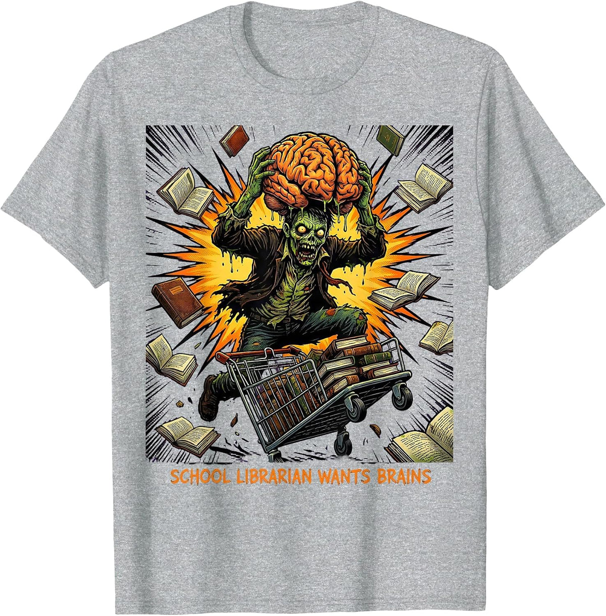 Men's School Librarian Wants Brains Comic Book Zombie Teacher T-Shirt - Heather Grey