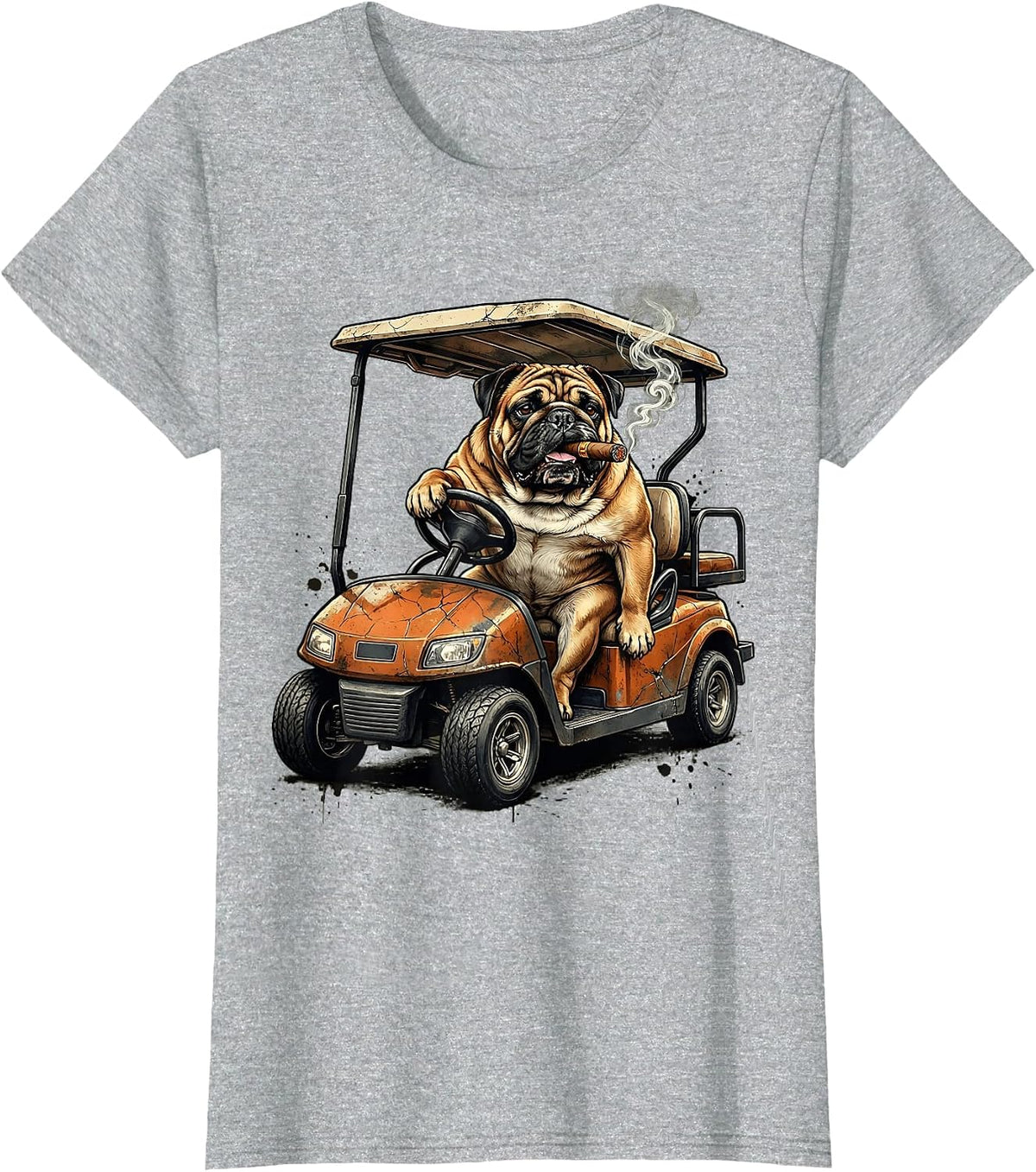 Cigar Bulldog Golf Cart Funny Golf Illustration T-Shirt - Heather Grey