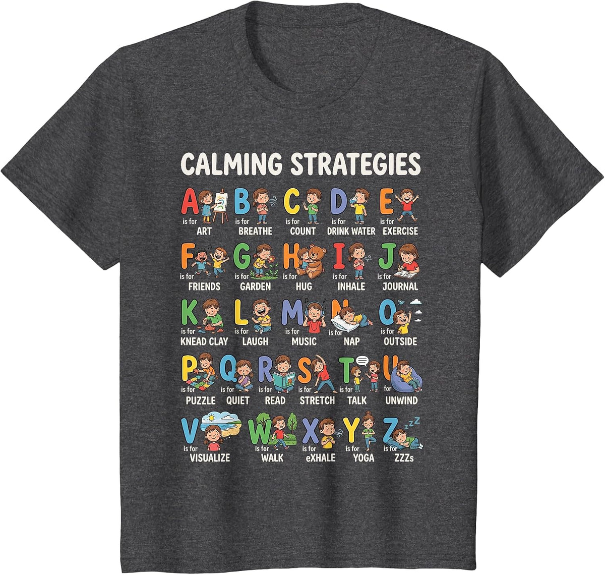 Calming Strategies ABC Alphabet T-Shirt - Dark Heather Grey