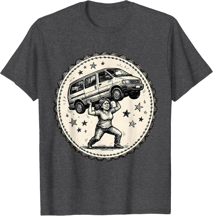 Men's Superhero Mom Lifting Minivan Funny Graphic T-Shirt - Dark Heather Grey