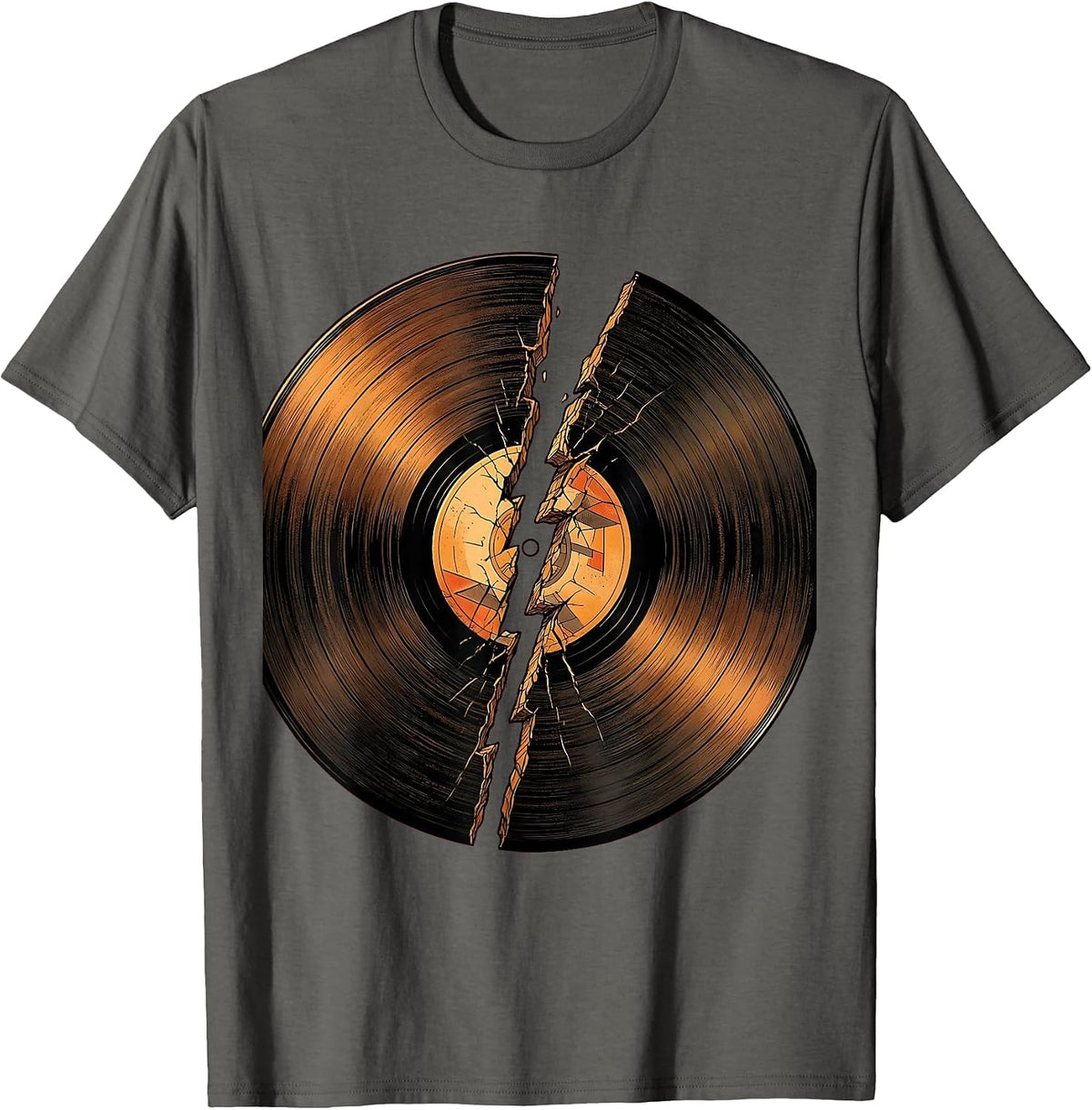 Vinyl Record Lightning Bolt Crack Rock Music Tee T-Shirt - Asphalt Grey
