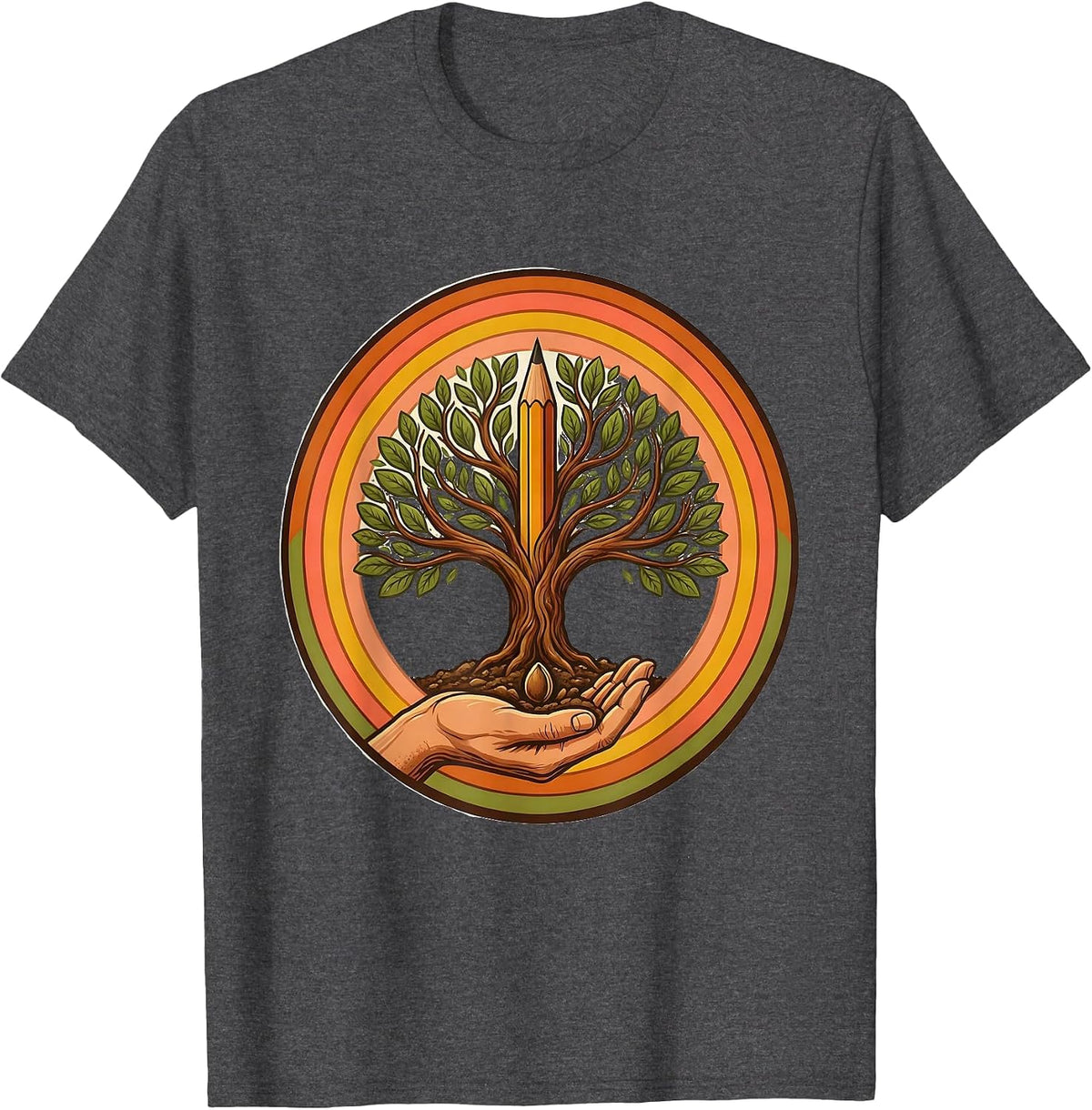 Men's 4th Grade Teacher Hand Planting Pencil Tree T-Shirt - Dark Heather Grey