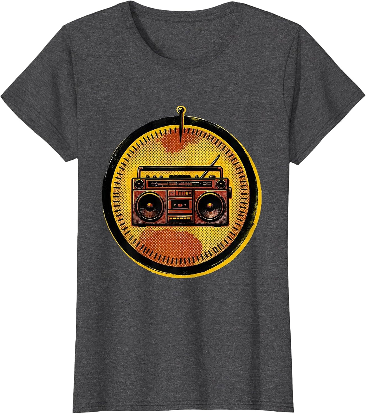 Women's Sealed Badge Boombox Retro Old School Hip Hop T-Shirt - Dark Heather Grey