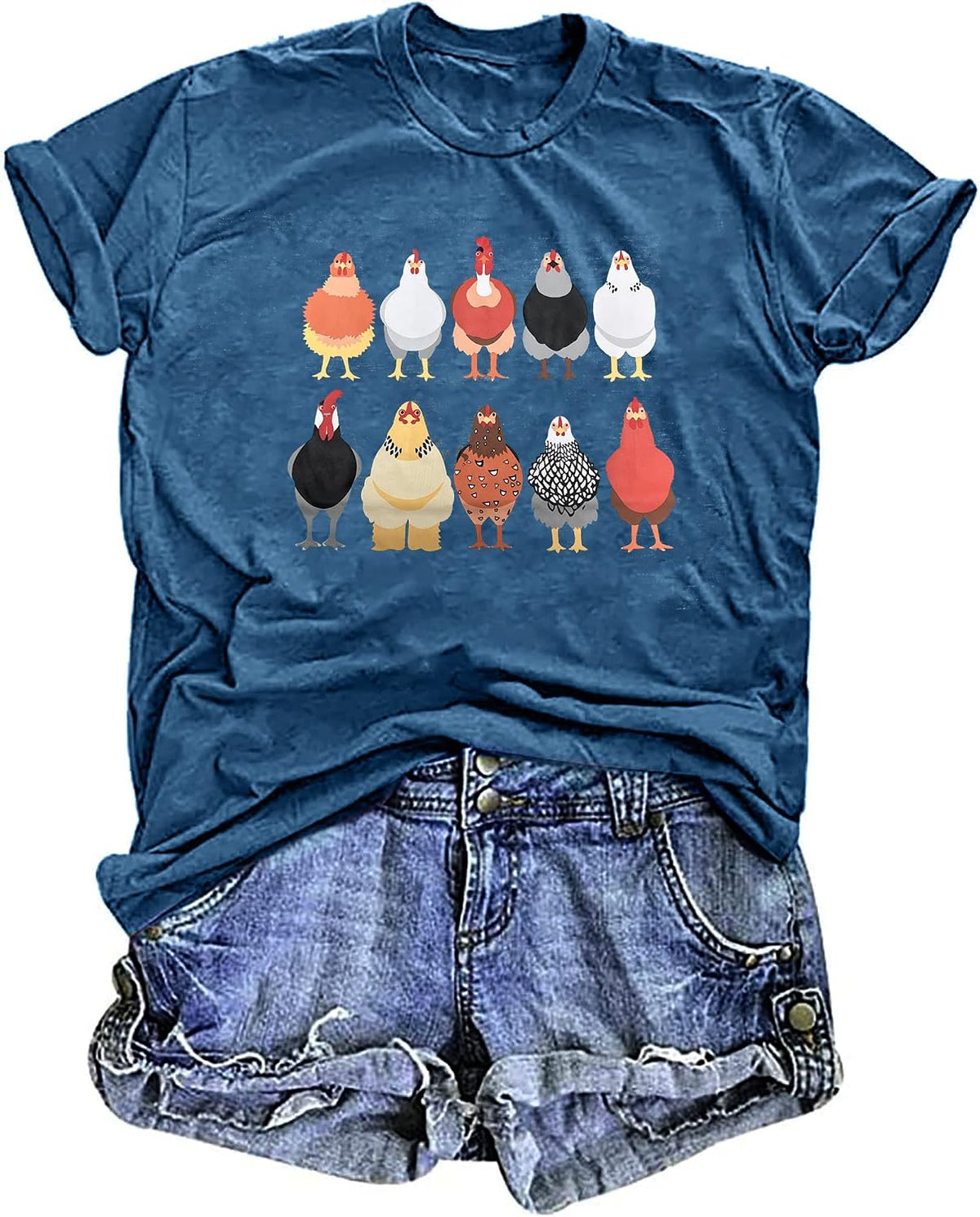 Chicken Shirt for Women Farm Tees Farm Girl T Shirt Funny Chicken Graphic T-Shirt Casual Short Sleeve Tops - Blue