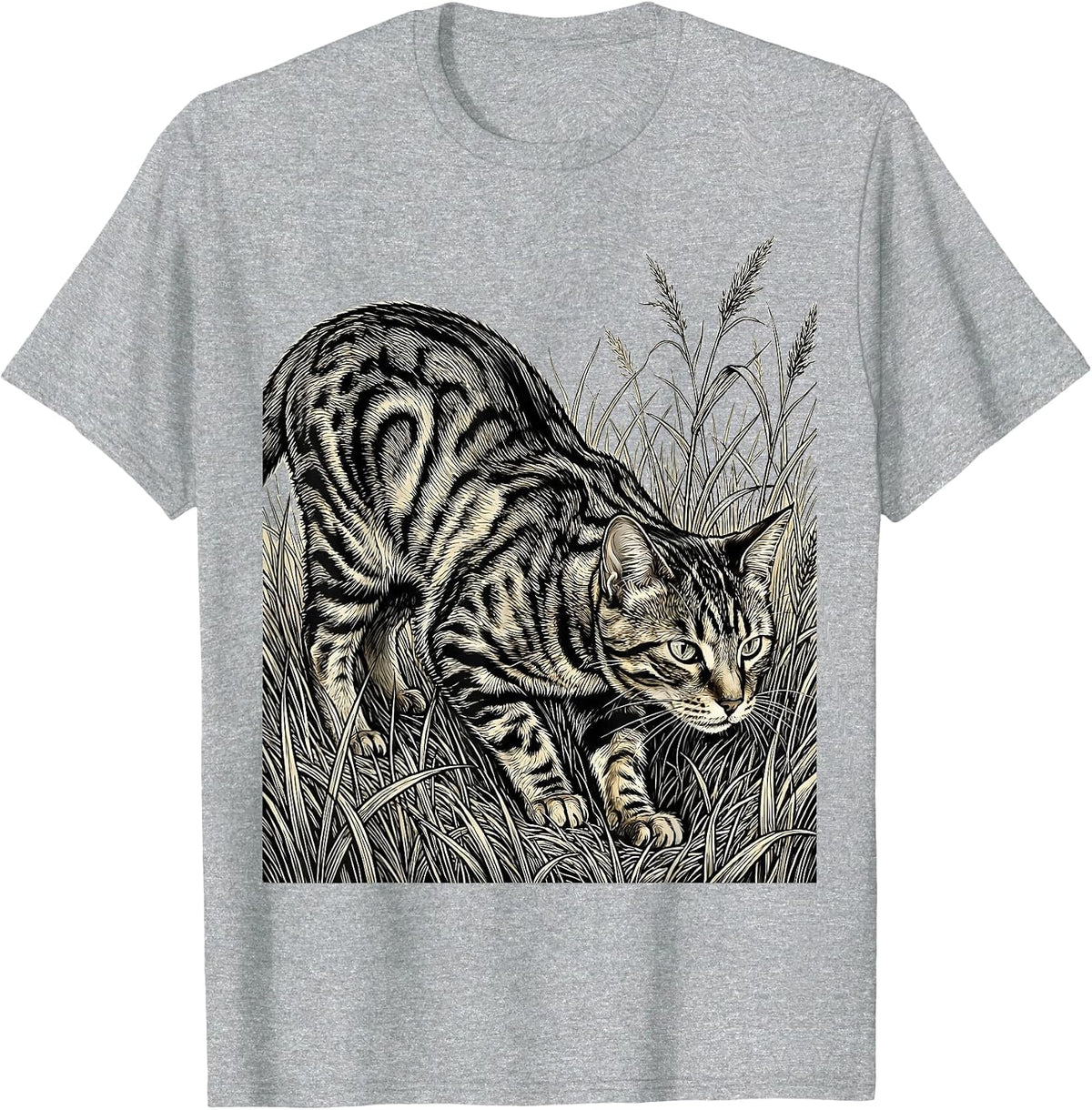 Men's Bengal Cat Stalking Through Tall Grass Illustration T-Shirt - Heather Grey
