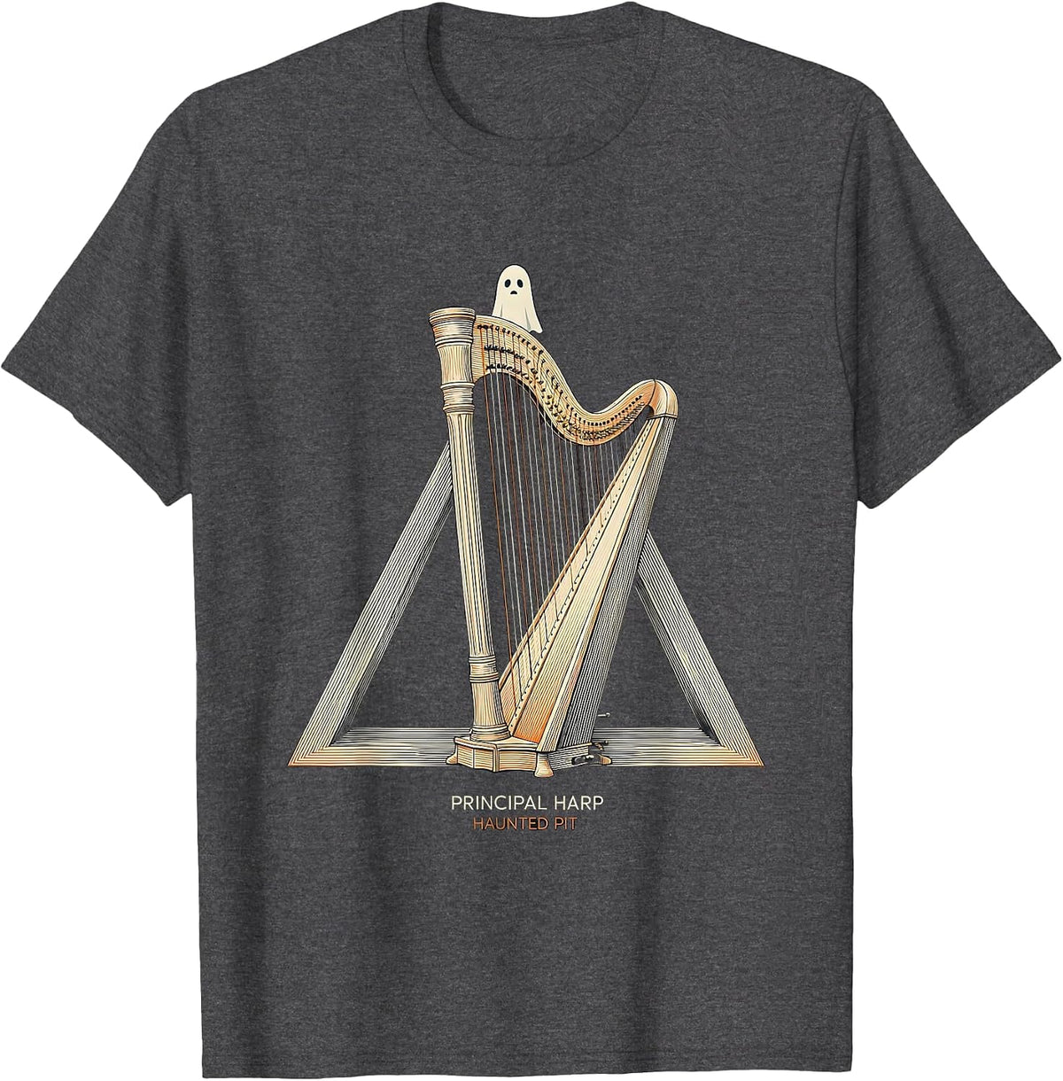 Men's Principal Harp Haunted Pit Whimsical Music Teacher Halloween T-Shirt - Dark Heather Grey